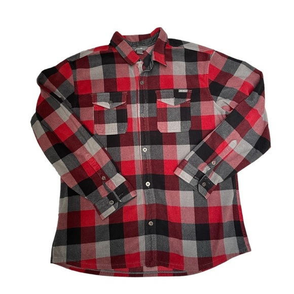Eddie Bauer red black gray flannel button down long sleeve fleece shirt size XL - Picture 1 of 9